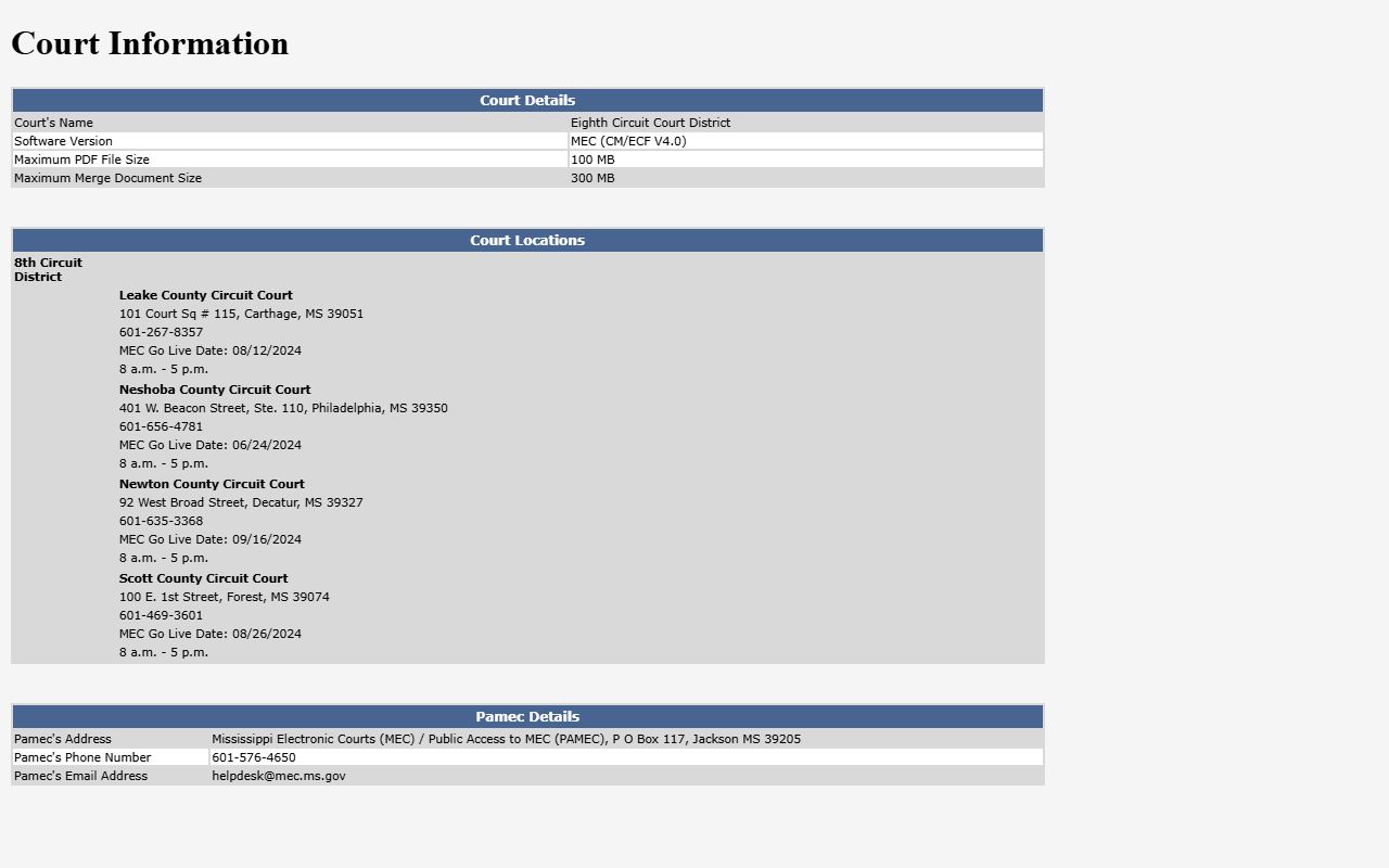 Leake County court records after arrest on Eighth Circuit MEC information page