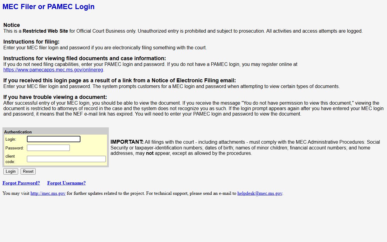 Leake County court records after jail arrest PAMEC login screen