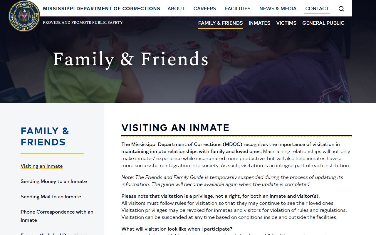 Leake County inmate visitation rules on the Mississippi MDOC visitation page