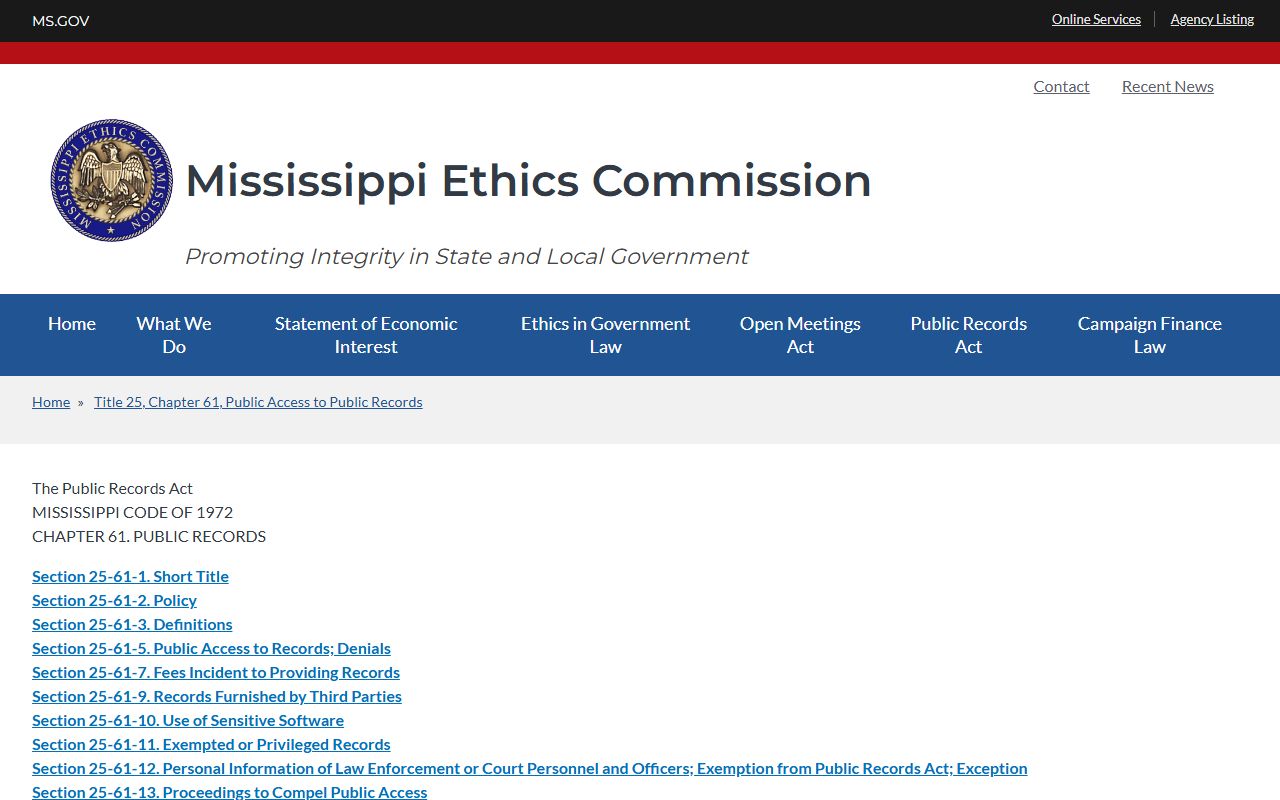 Leake County jail mugshots public records law reference from Mississippi Ethics Commission